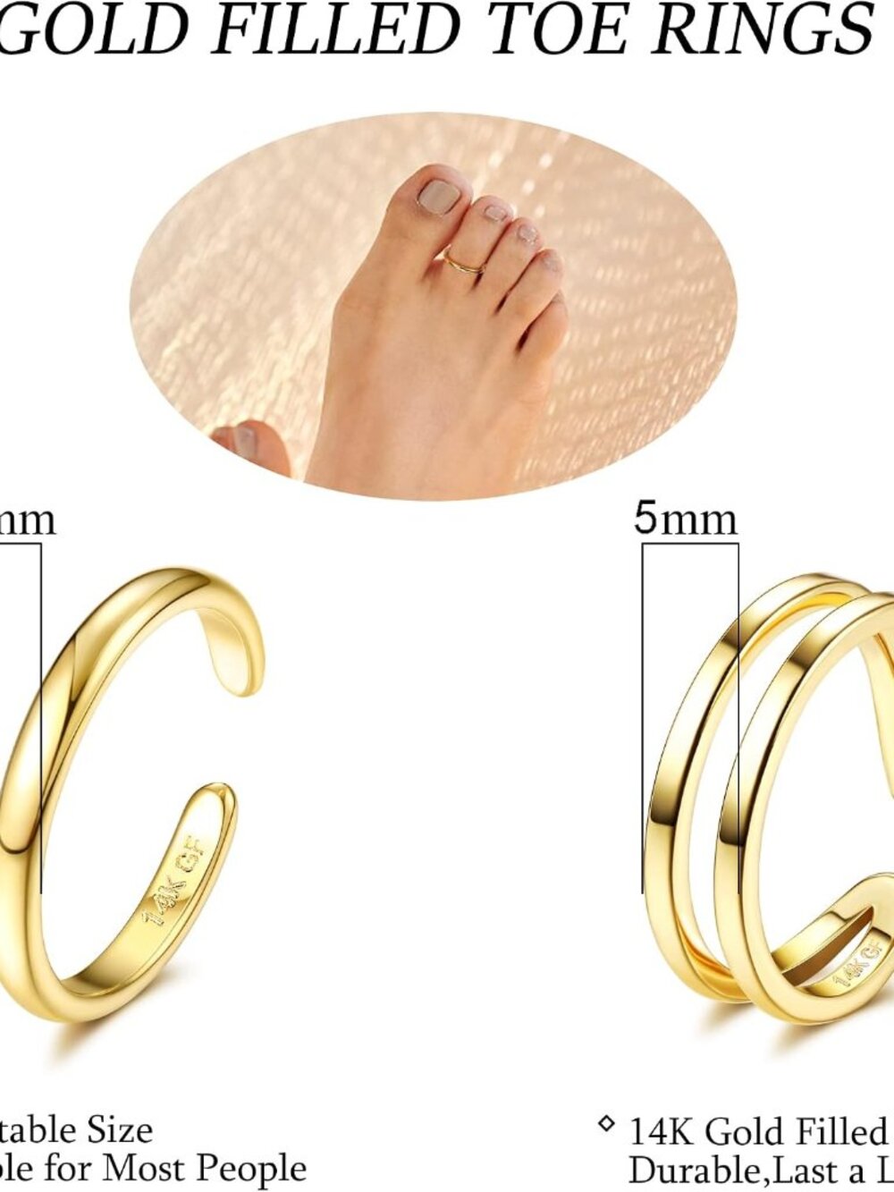 14K Gold Filled Toe Rings for Women Simple Open Band Toe Ring Adjustable Toe Rin - Picture 2 of 6